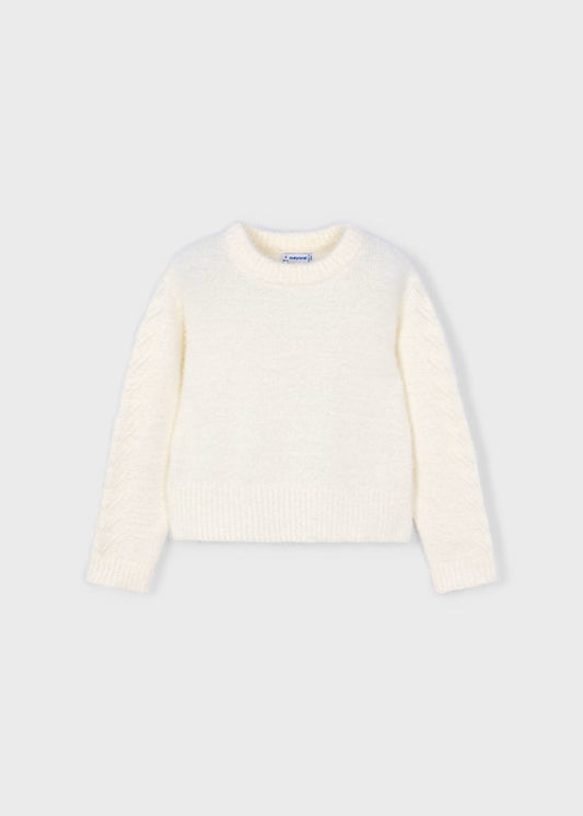 Girls Faux Fur Knit Cream Sweater