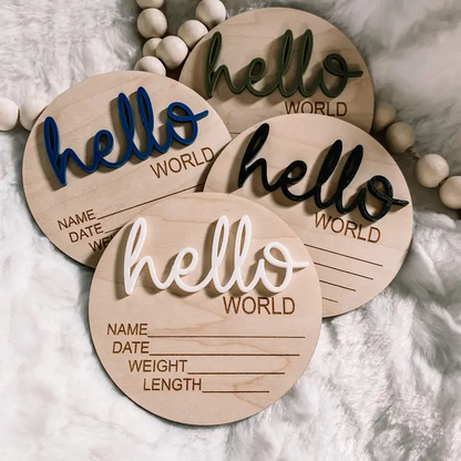 Hello World Birth Stat Announcement Wood Disc: IVORY